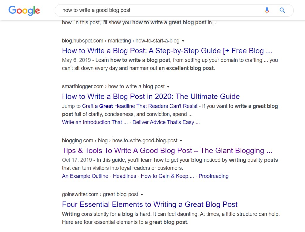 Example of bolded keywords in Google search results Example of bolded keywords in Google search results