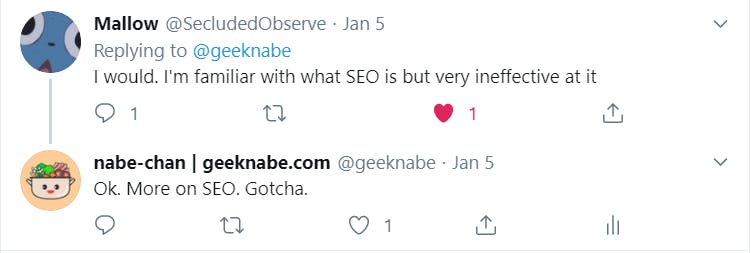 Mallow asks about SEO in this Tweet reply screenshot. Mallow asks about SEO in this Tweet reply screenshot.