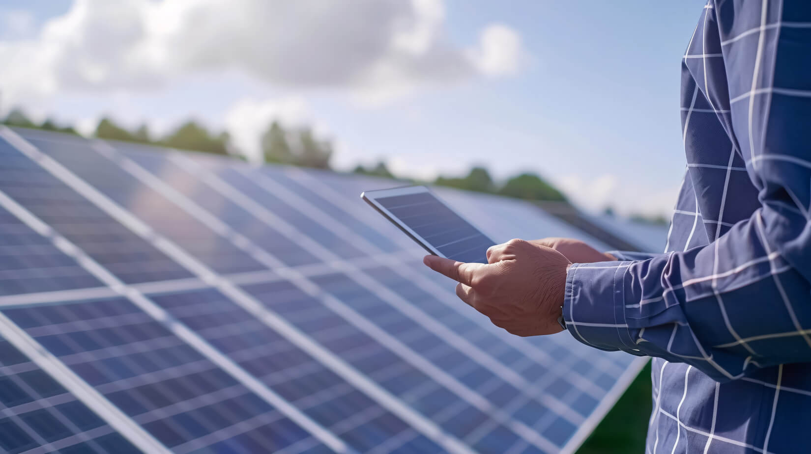 Techniker prüft den Wirkungsgrad einer Photovoltaikanlage mit einem Tablet vor Solarmodulen | Gelb Solar