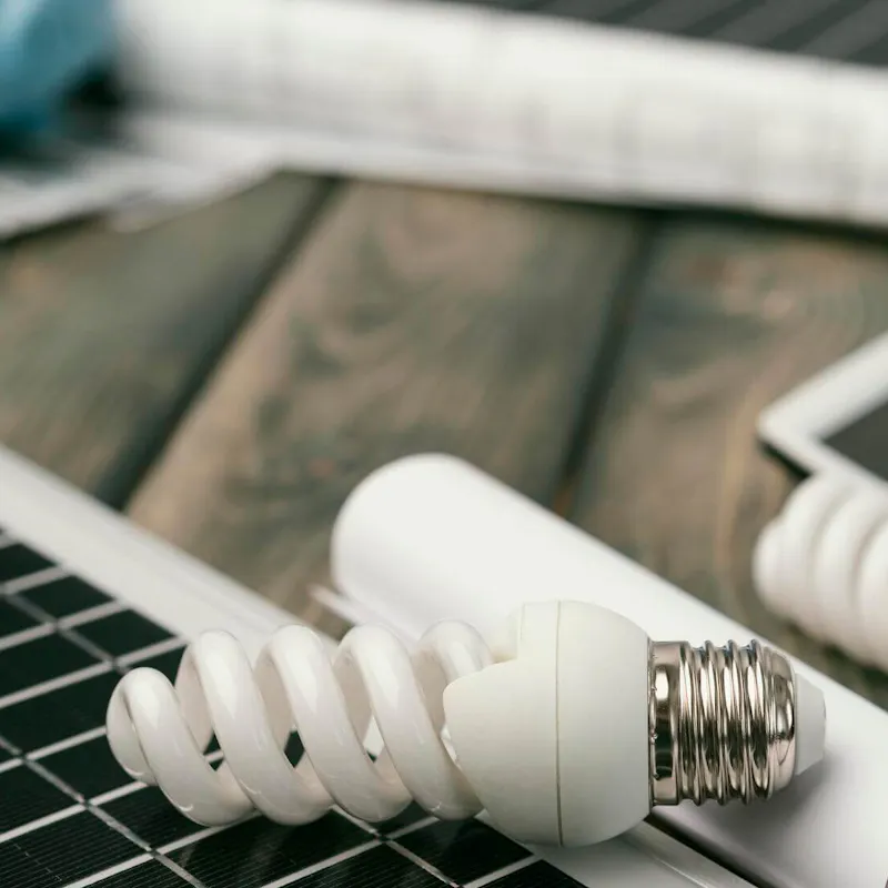 Solarmodul und Energiesparlampen auf einem Tisch mit Taschenrechner und Sparschwein im Hintergrund, bei der Berechnung des Eigenverbrauchs | Gelb Solar