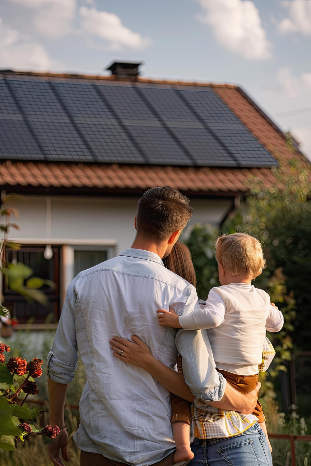 Mann mit Kind auf dem Arm schaut auf Einfamilienhaus mit Solaranlage auf dem Dach