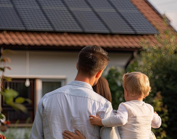 Mann mit Kind auf dem Arm schaut auf Einfamilienhaus mit Solaranlage auf dem Dach Mann mit Kind auf dem Arm schaut auf Einfamilienhaus mit Solaranlage auf dem Dach
