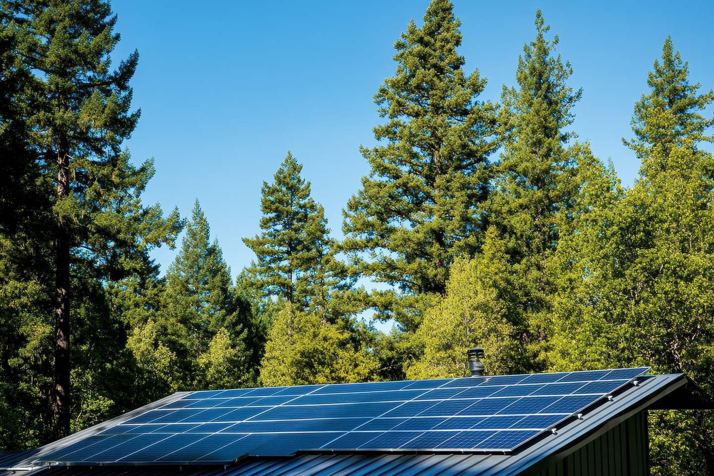 Photovoltaikanlage auf einem Metalldach mit hohen Bäumen im Hintergrund als mögliche Ursache für Verschattung