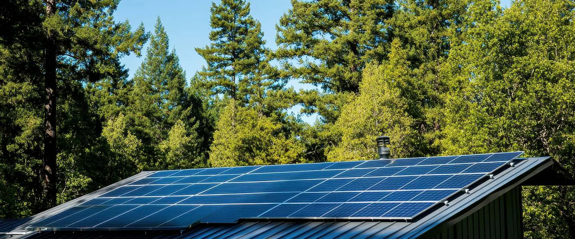 Photovoltaikanlage auf einem Metalldach mit hohen Bäumen im Hintergrund als mögliche Ursache für Verschattung