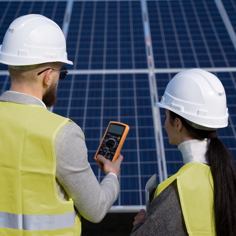 Zwei Monteure stehen vor Solaranlagen und planen den Einbau eines Optimierers