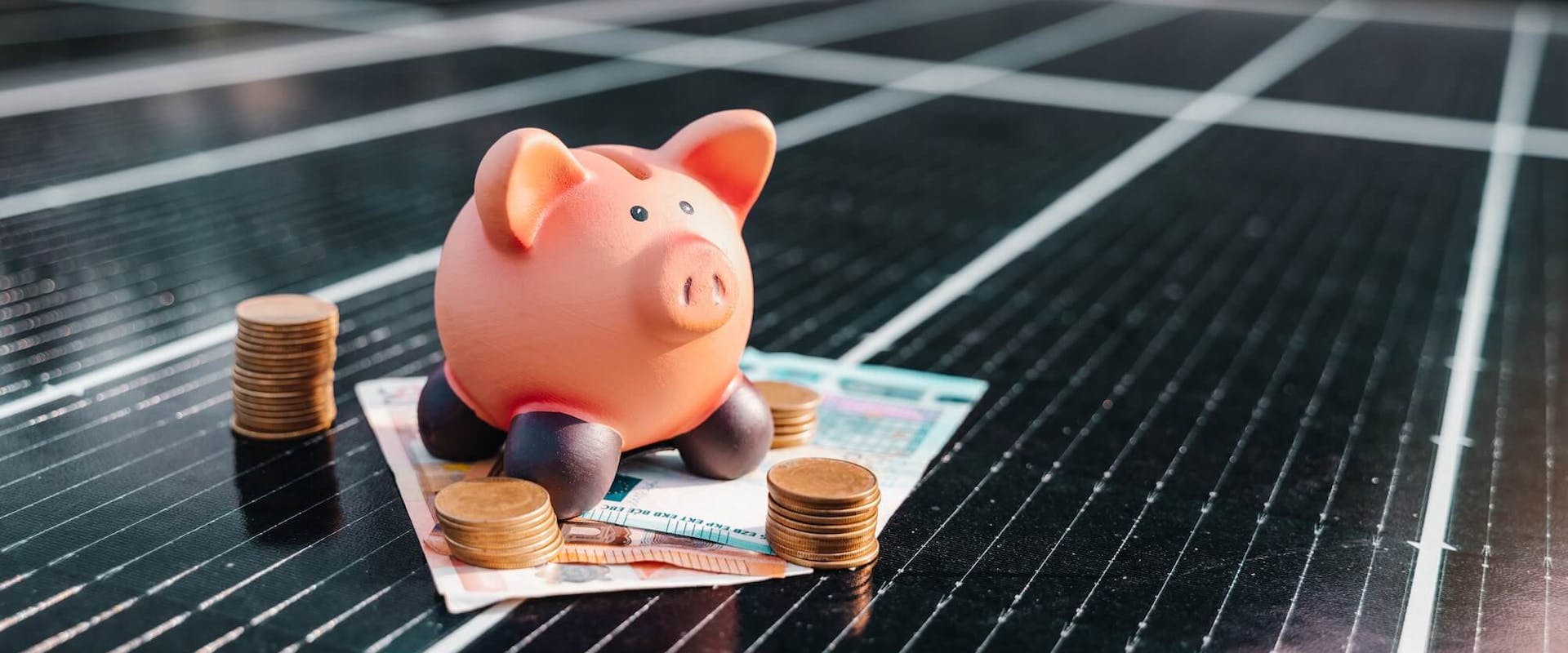 Sparschwein und Geldscheine und Münzen auf einer PV-Anlage Sparschwein und Geldscheine und Münzen auf einer PV-Anlage
