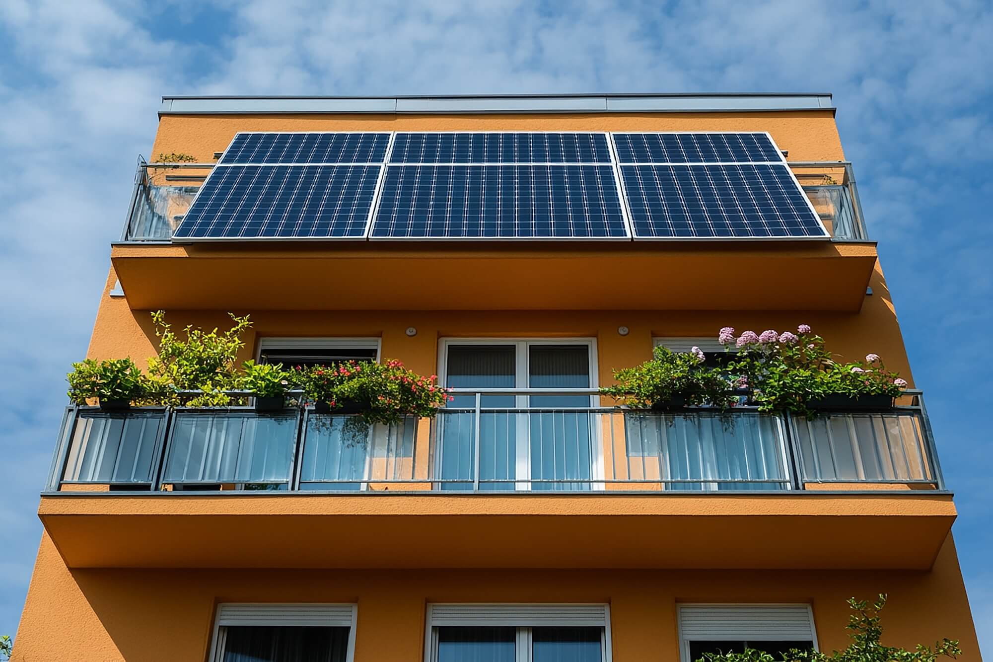 Solarmodule am Balkon eines orangefarbenen Mehrfamilienhauses