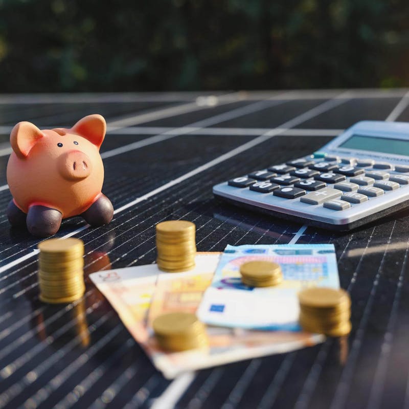 Sparschwein Geld und Taschenrechner auf einer Solaranlage Sparschwein Geld und Taschenrechner auf einer Solaranlage
