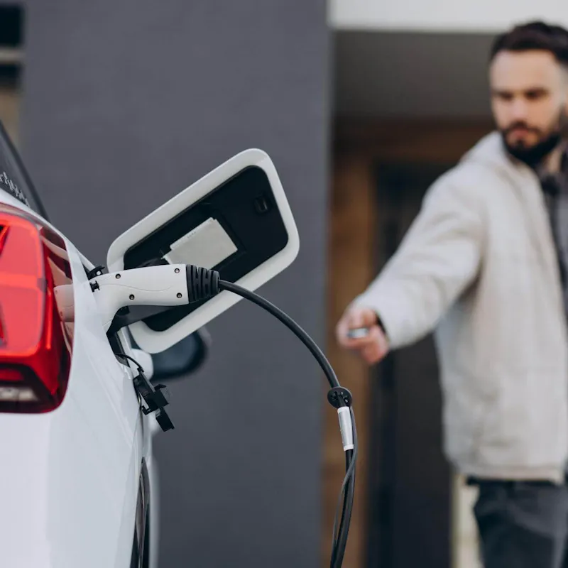 Mann steht neben seinem Elektroauto während es an einer Wallbox lädt Mann steht neben seinem Elektroauto während es an einer Wallbox lädt