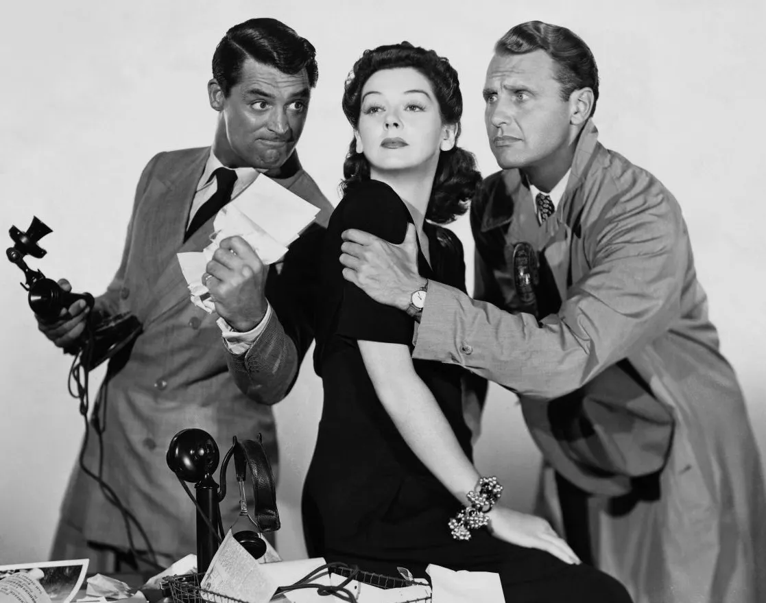 Cary Grant and Rosalind Russell in His Girl Friday (1940). Columbia Pictures publicity still, public domain, via Wikimedia Commons.
