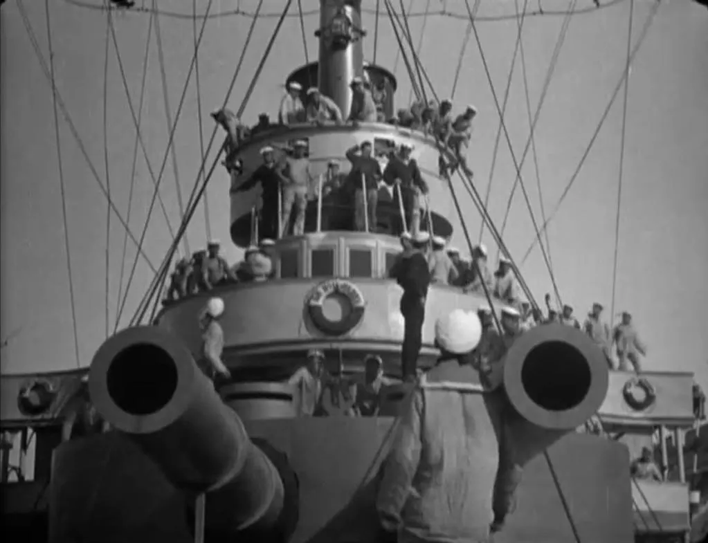 The battleship in Battleship Potemkin (1925). Frame from the film, public domain, via Wikimedia Commons.