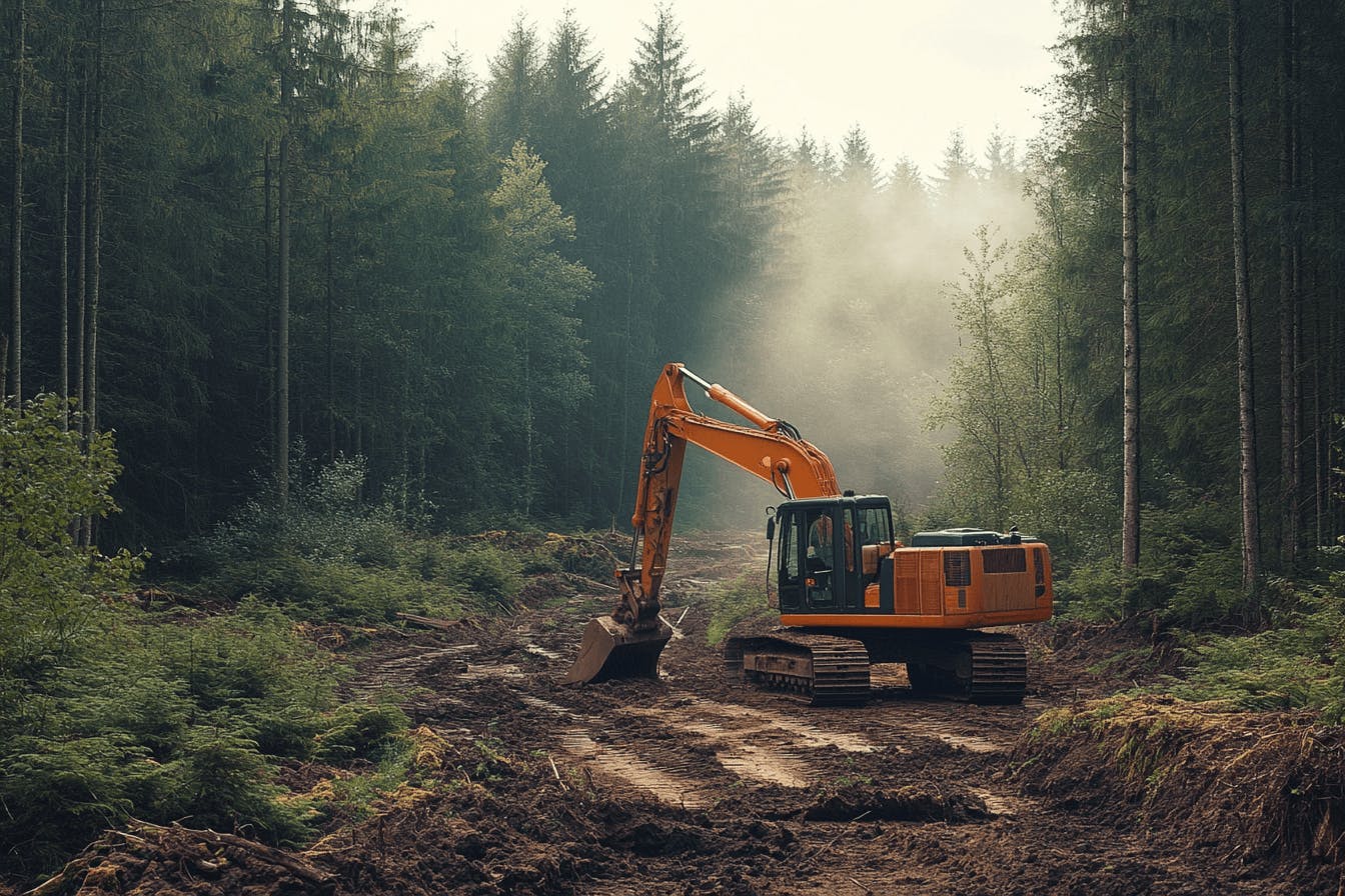 A bulldozer clearing a forest for a homestead build, demonstrating the initial stage of land preparation and development.