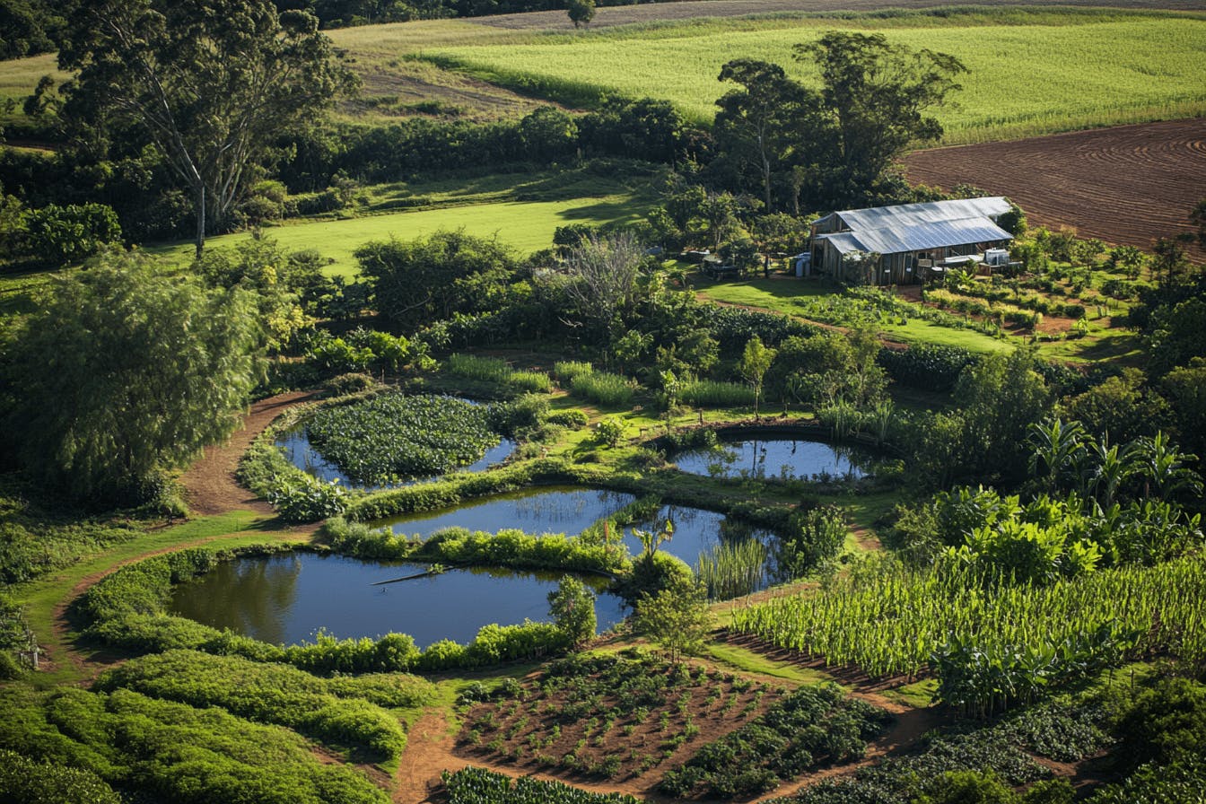 An aerial view of a homestead showcasing effective water management systems, including swales and ponds, with lush greenery and healthy crops thriving alongside the water features.