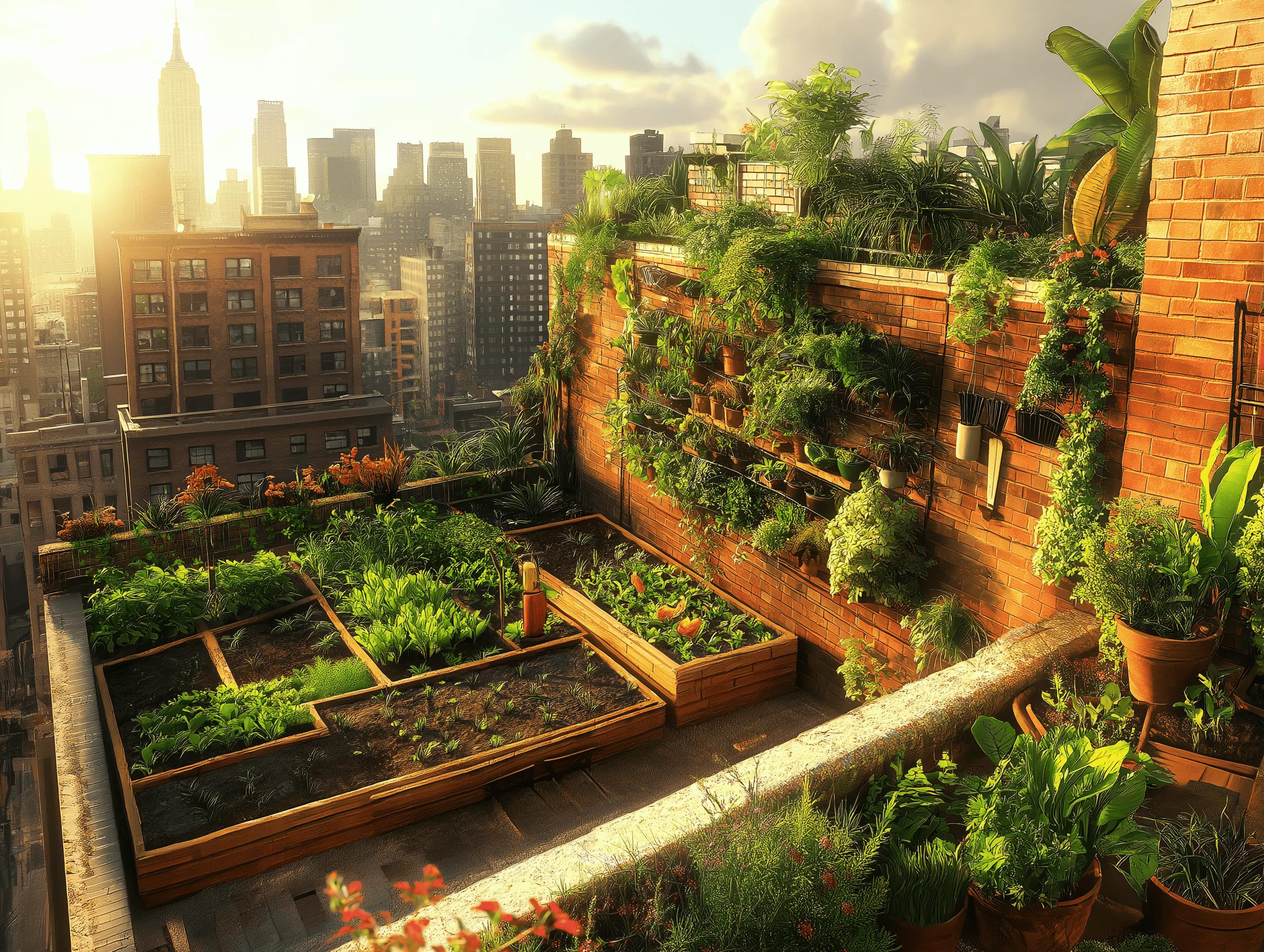 rooftop garden overflowing with produce. a large city metropolis is in the background