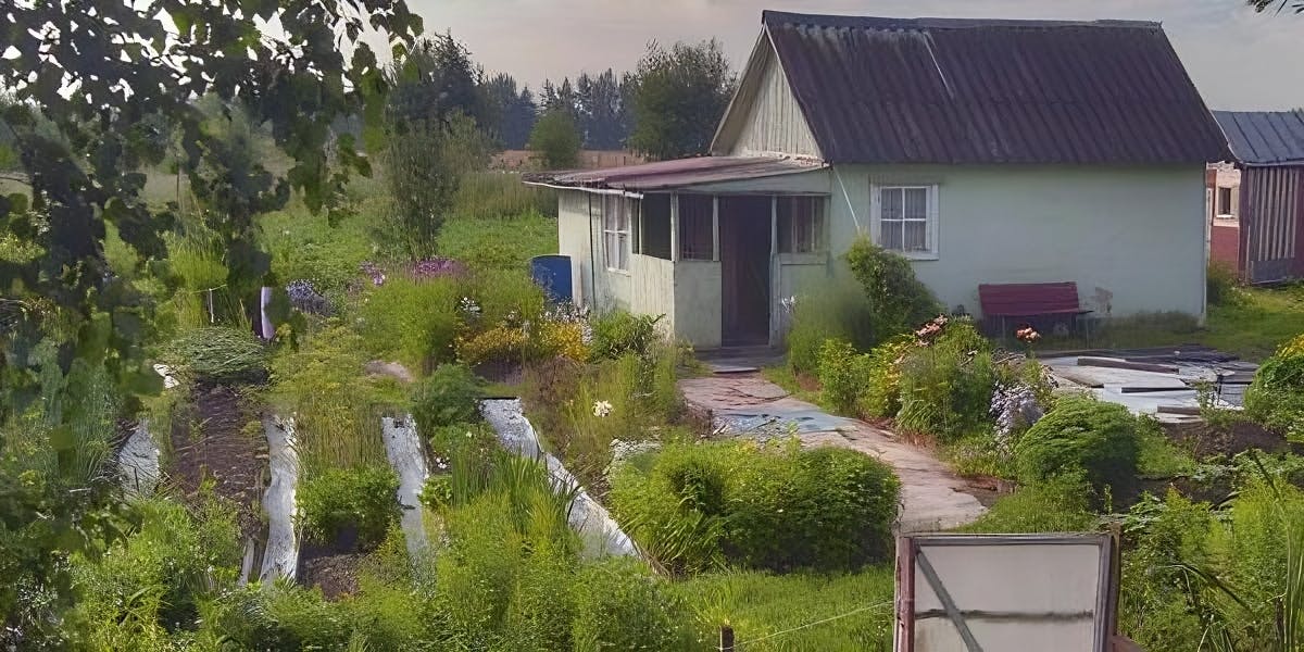 a dacha Russian homestead with a garden near the front door