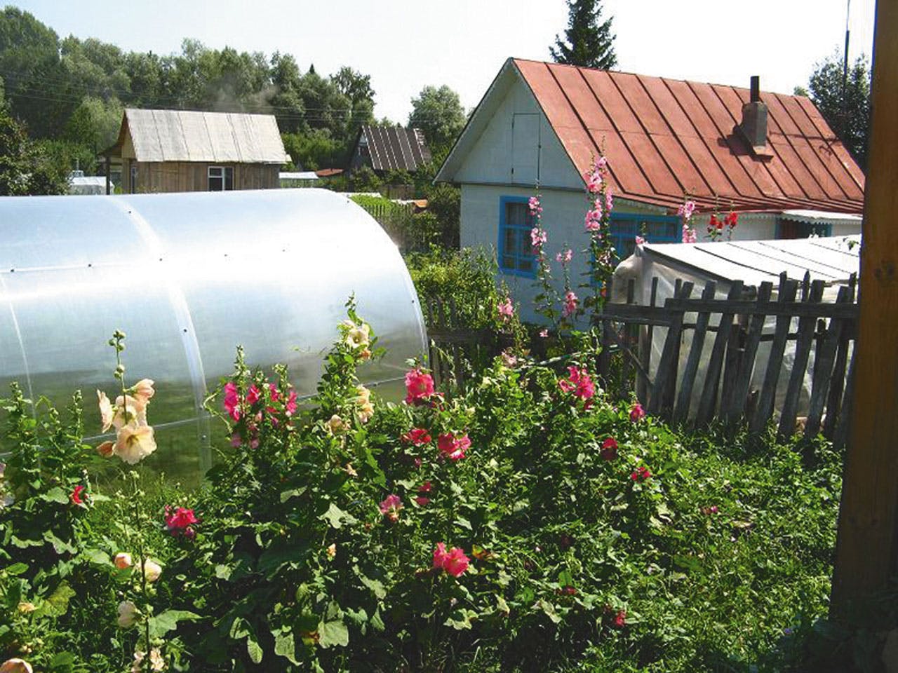 a dacha Russian homestead with a small hoop house and garden