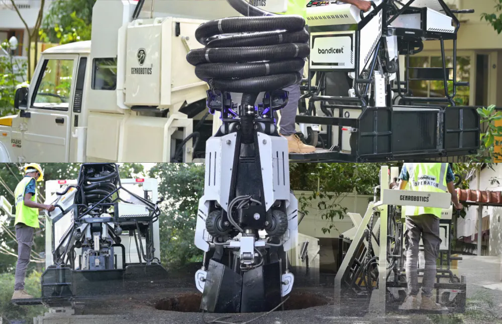 Parts of Bandicoot MobilityBandicoot Mobility Plus robot mounted on a vehicle performing automated manhole cleaning at Ahmedabad Airport, operated remotely by trained personnel.