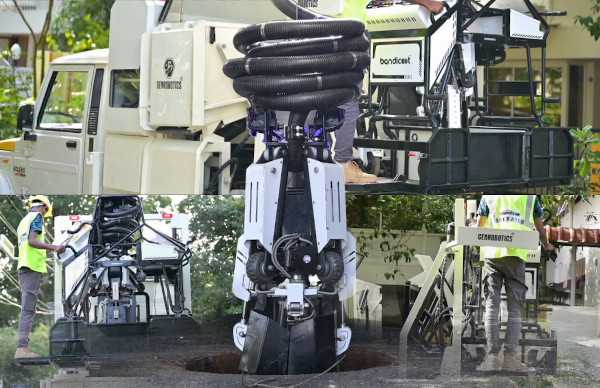 Parts of Bandicoot MobilityBandicoot Mobility Plus robot mounted on a vehicle performing automated manhole cleaning at Ahmedabad Airport, operated remotely by trained personnel.