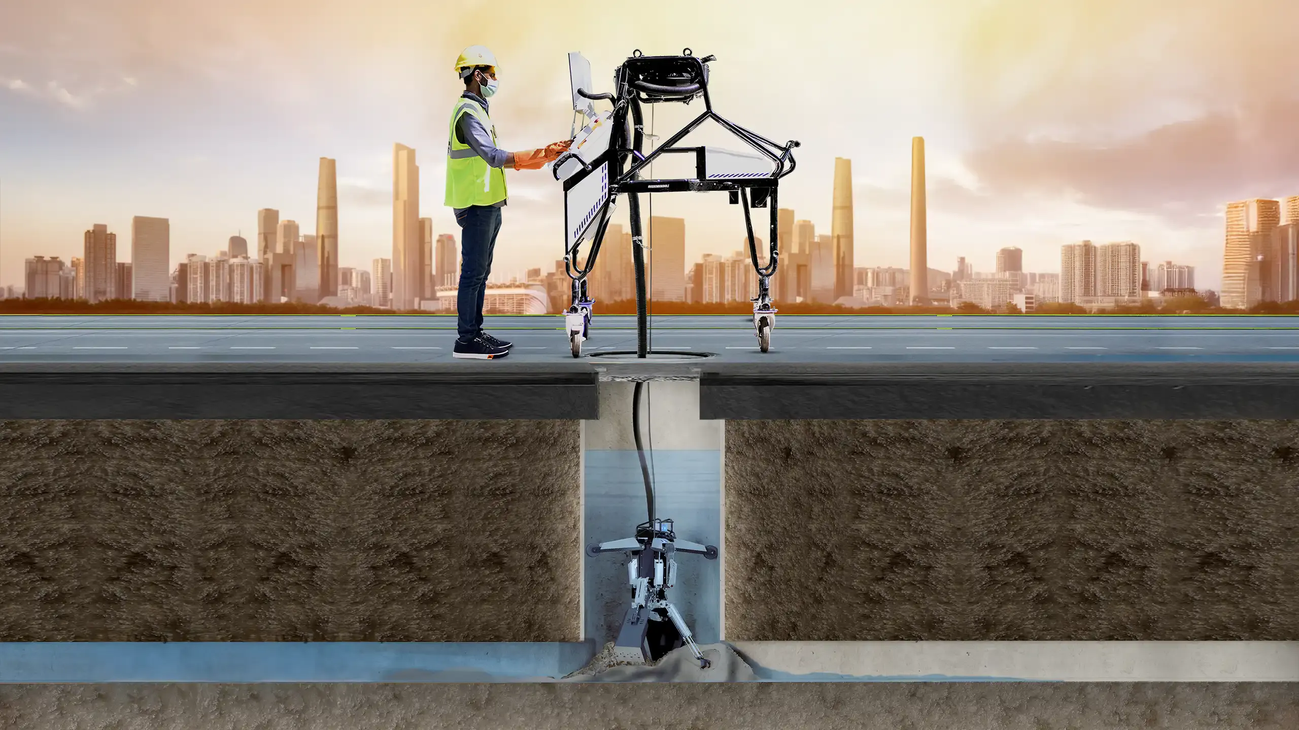 Robotic sewer cleaning machine removing waste from underground pipelines