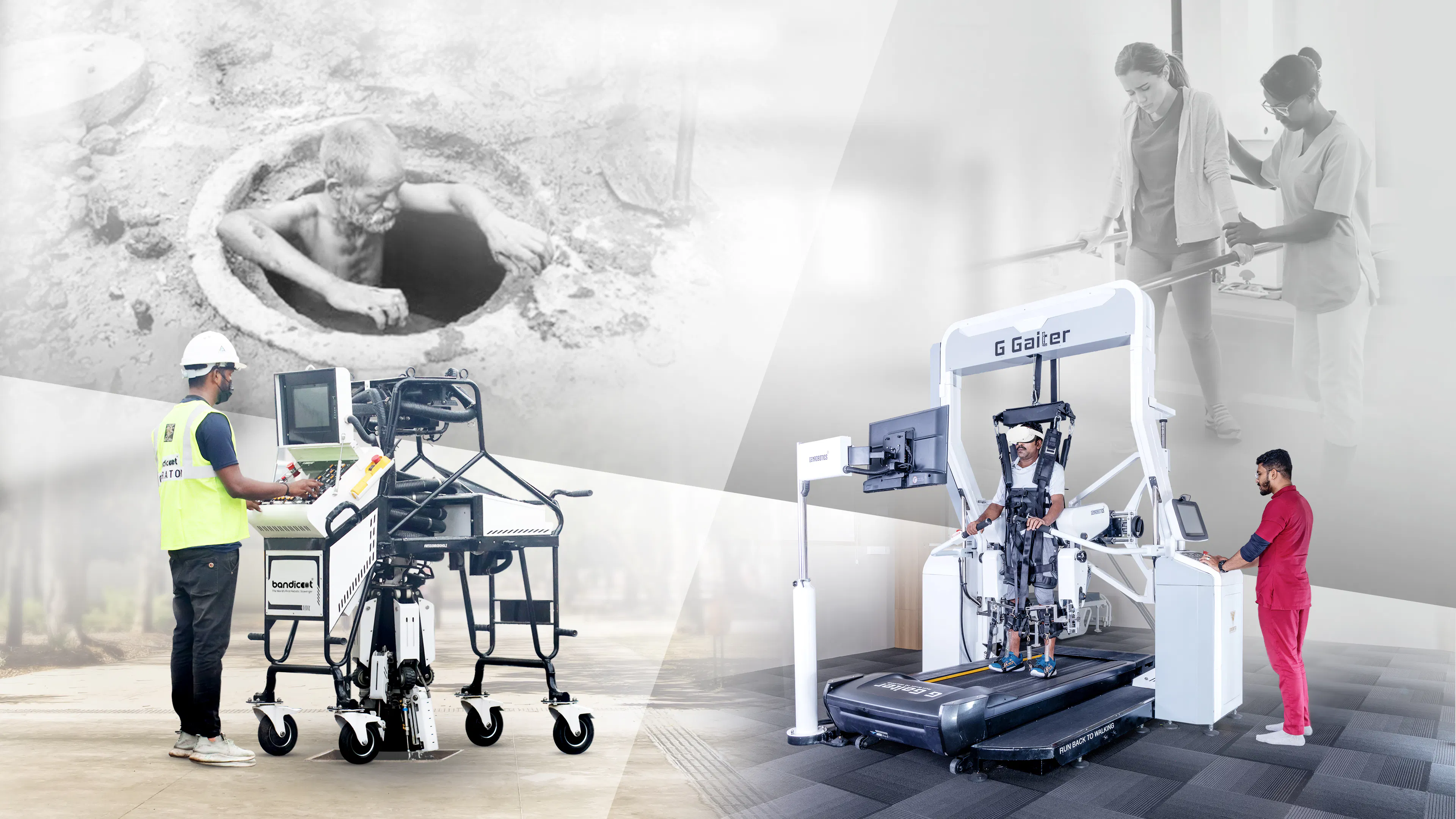 The Bandicoot manhole cleaning robot and the G Gaiter active exoskeleton for gait training.