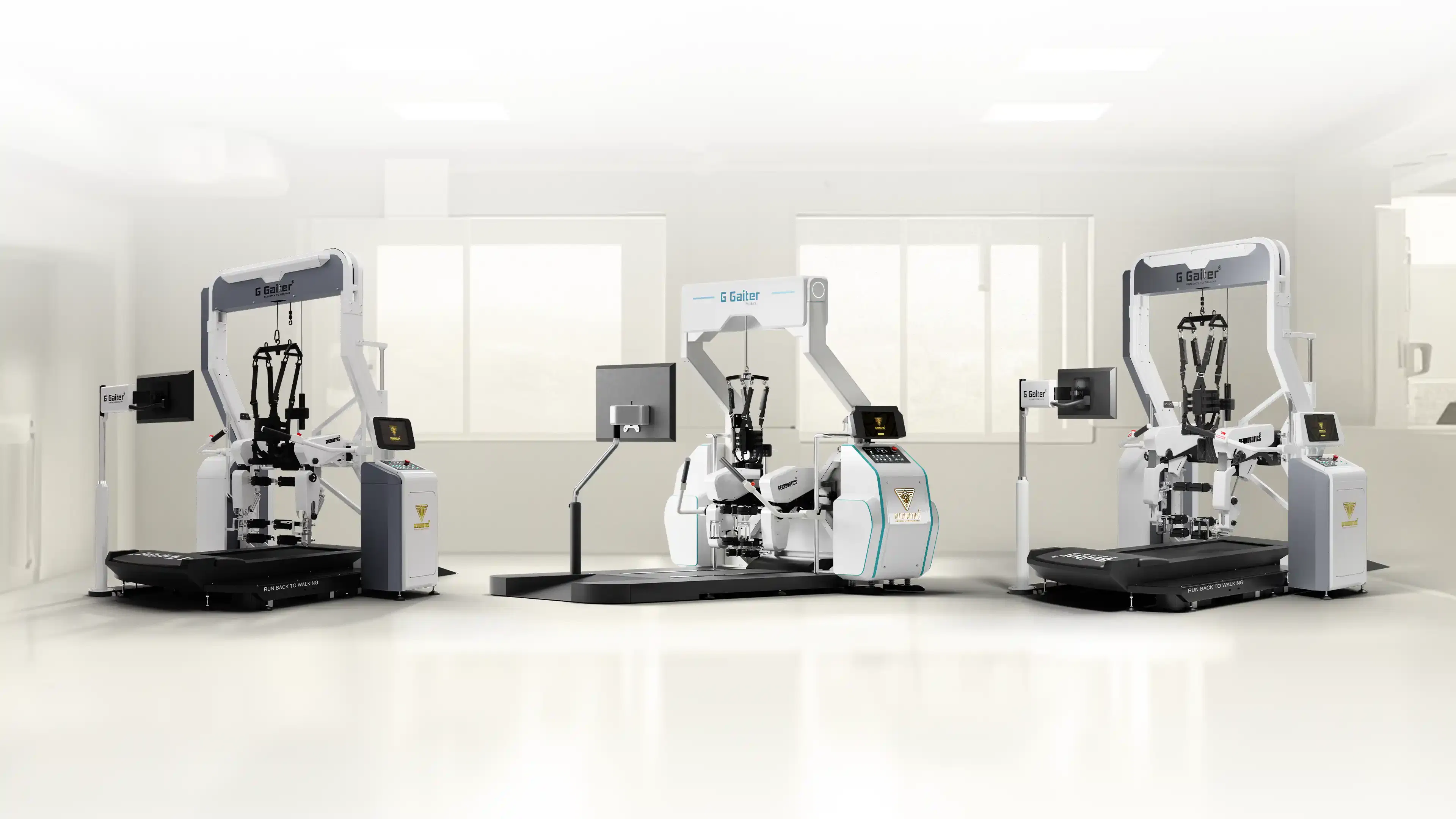 Multiple G Gaiter robotic gait training systems arranged in a modern rehabilitation space, representing advanced PMR based therapy.
