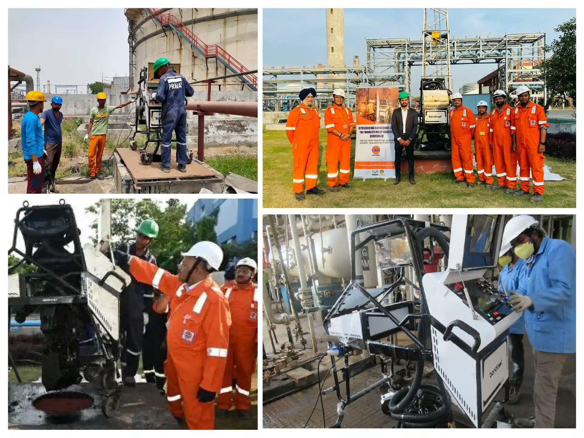 Multiple scenes showing trained refinery personnel operating the Bandicoot robotic pit-cleaning system at IOCL Panipat to remove highly viscous petroleum sludge.