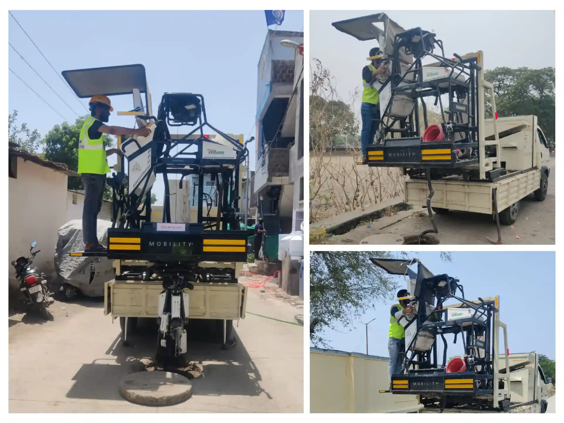 Bandicoot Mobility+ robot mounted on a vehicle performing automated manhole cleaning in Chhatrapati Sambhaji Nagar.