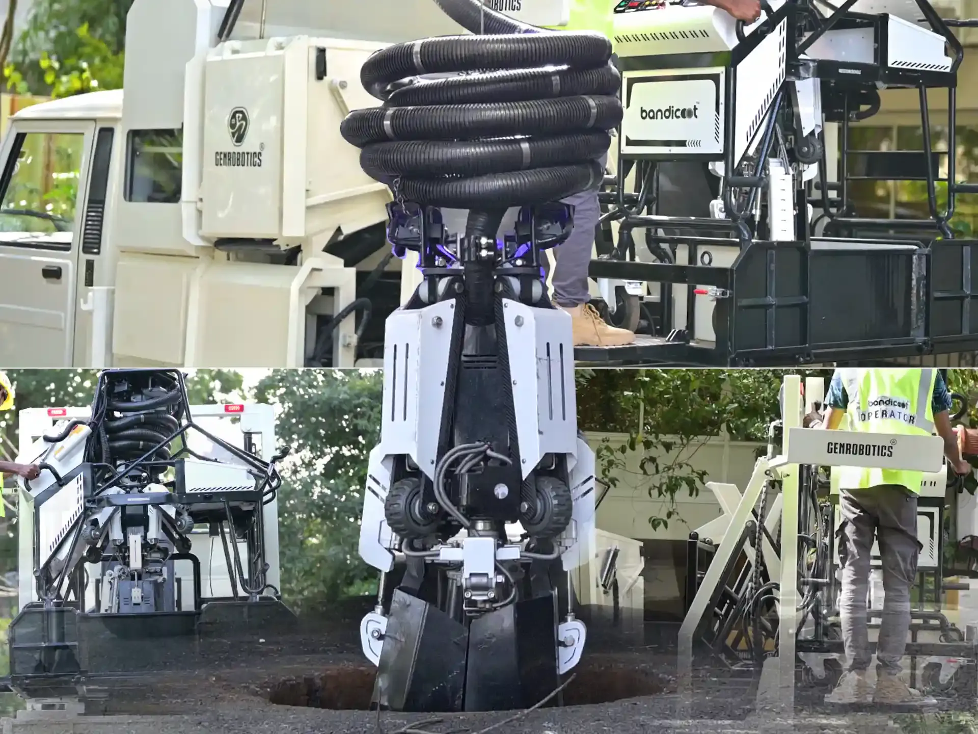 Parts of Bandicoot MobilityBandicoot Mobility Plus robot mounted on a vehicle performing automated manhole cleaning at Ahmedabad Airport, operated remotely by trained personnel.