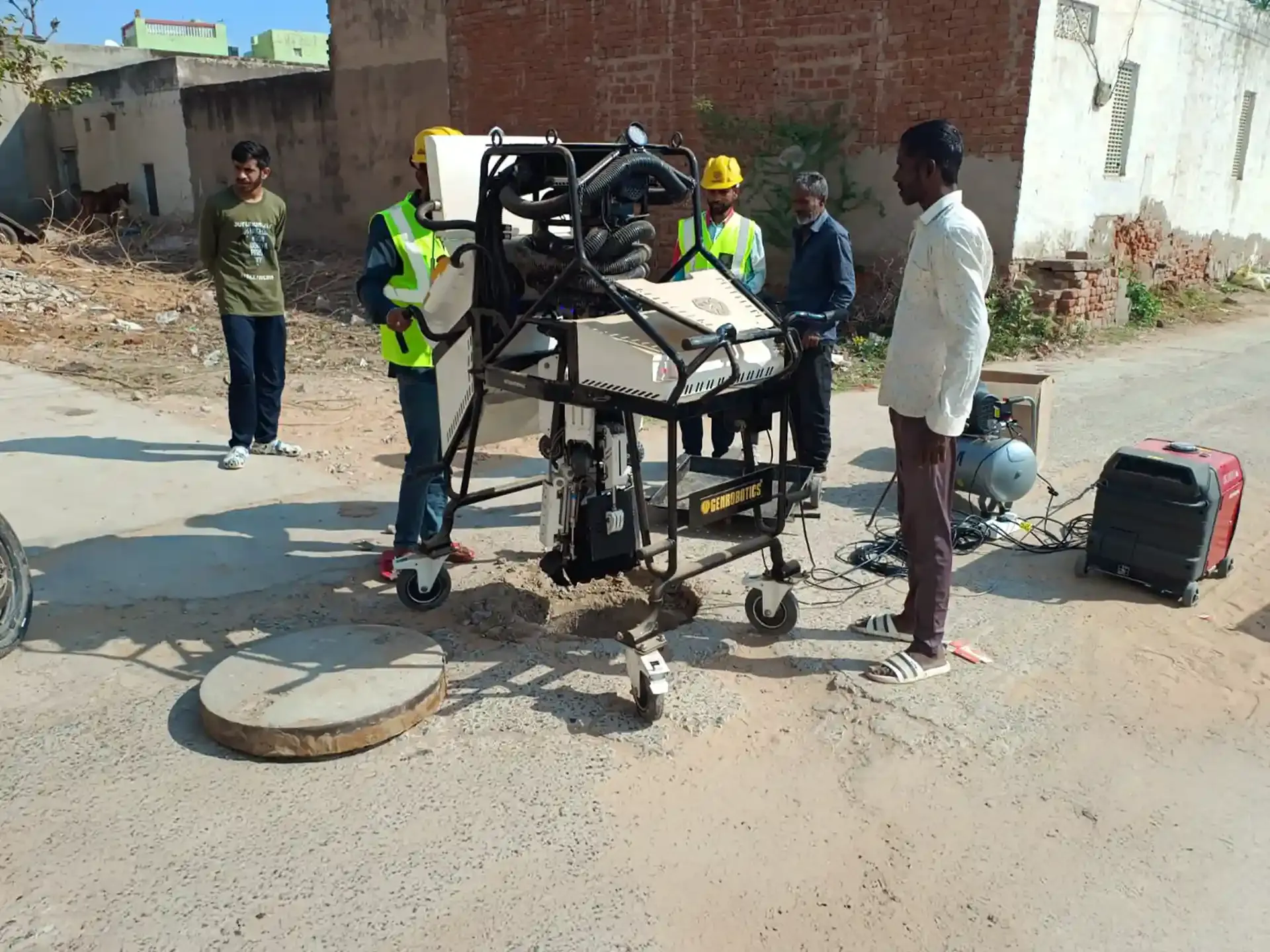 Operators deploy the Bandicoot robot for manhole cleaning in Rajasthan while residents observe the robotic operation.