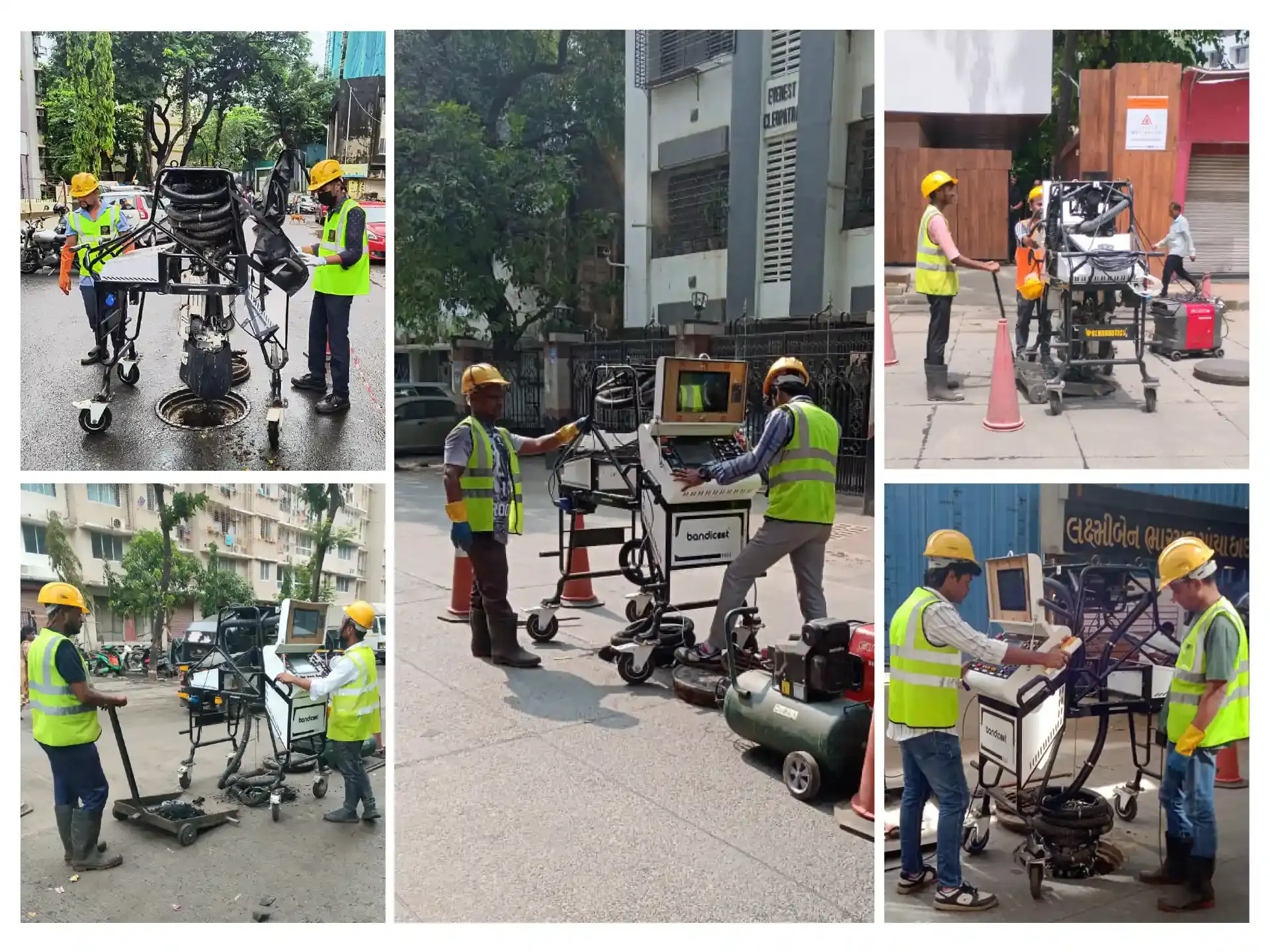 Five images showing Bandicoot robots and operators conducting automated sewer manhole cleaning under BMC in Mumbai.