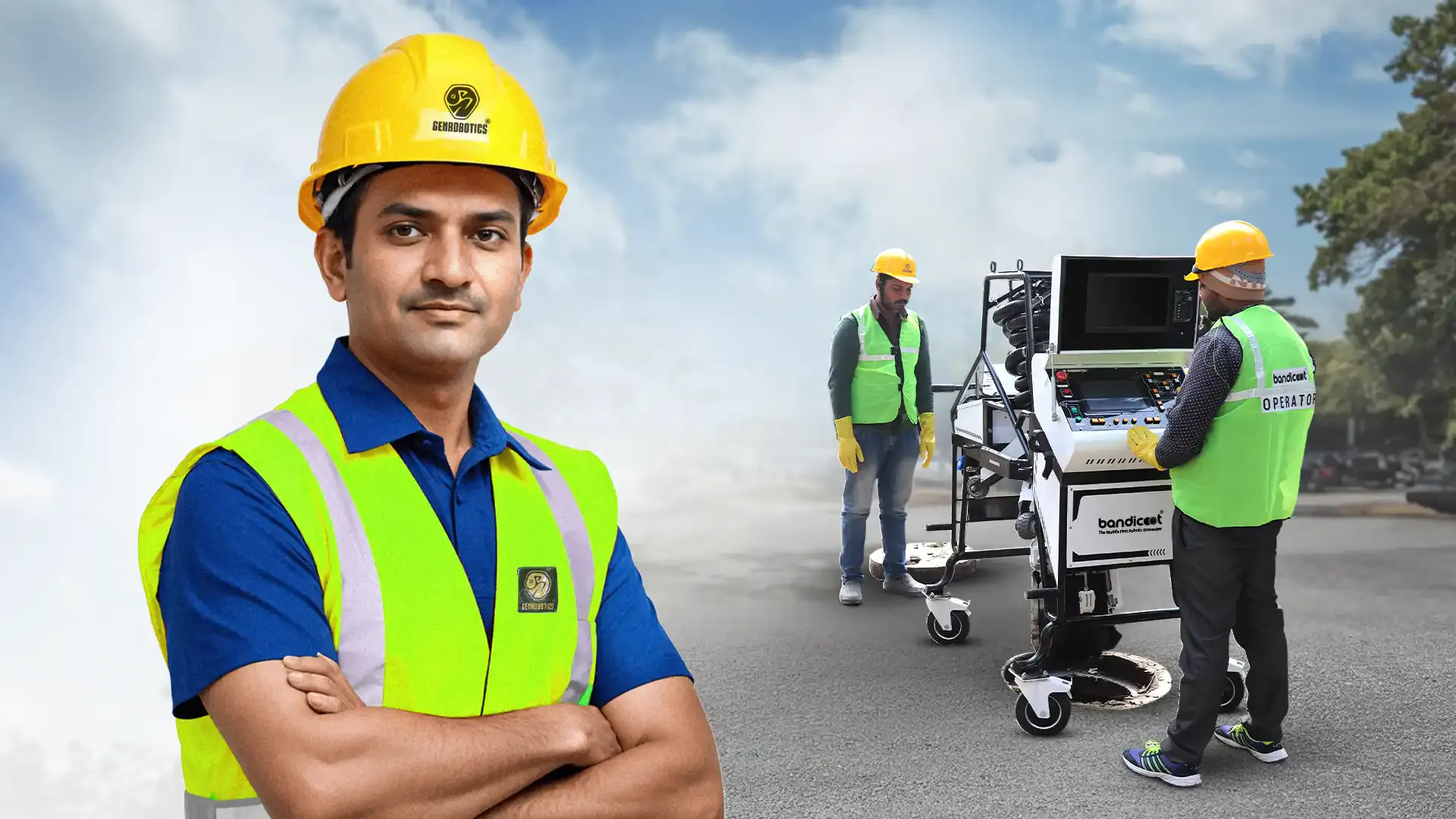 Robotics startup operators working with an automated sanitation robot, highlighting India’s shift toward automation and workforce upskilling.