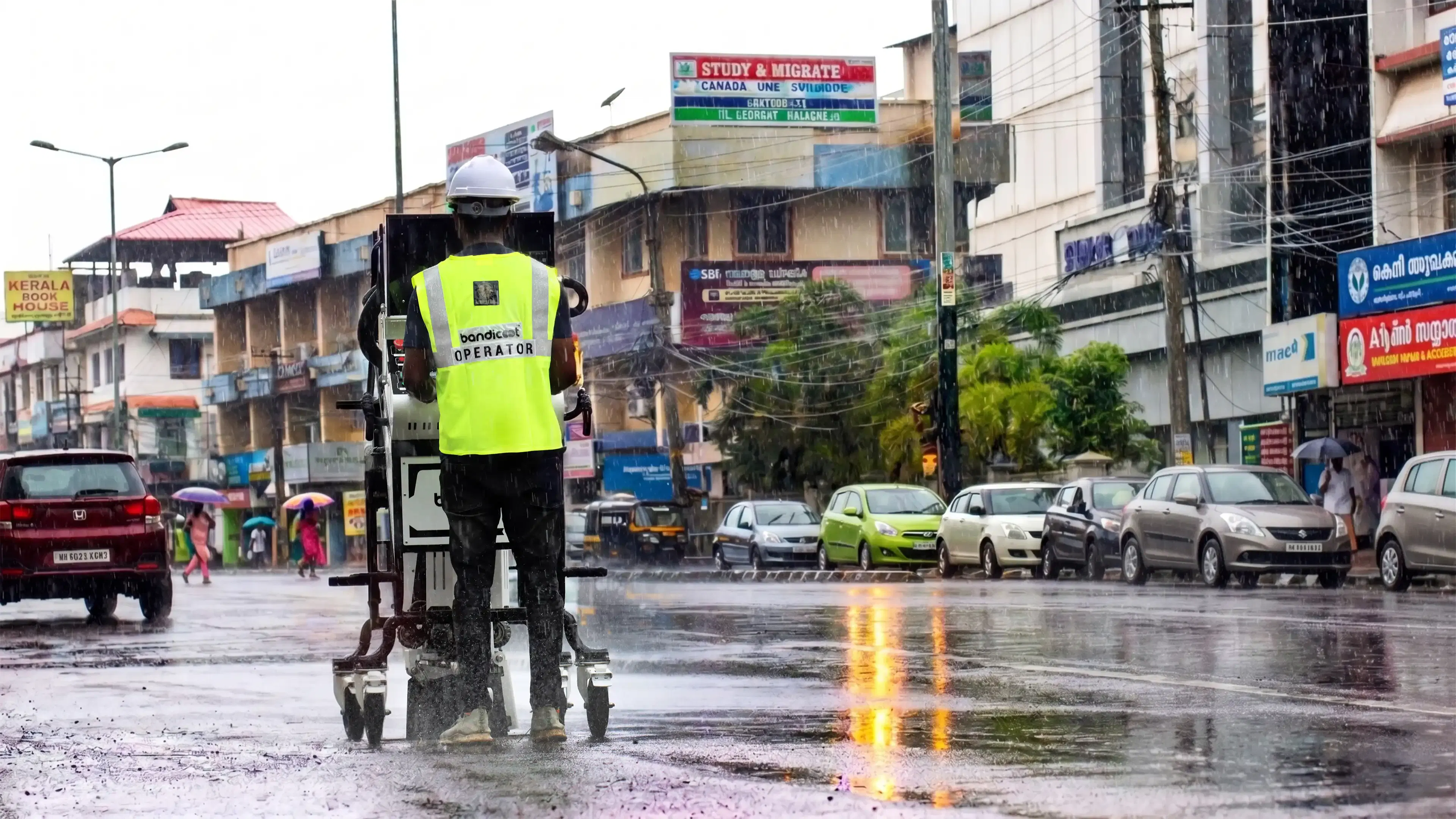An operator manages a Bandicoot manhole cleaning robot on a wet street in India during the monsoon season.