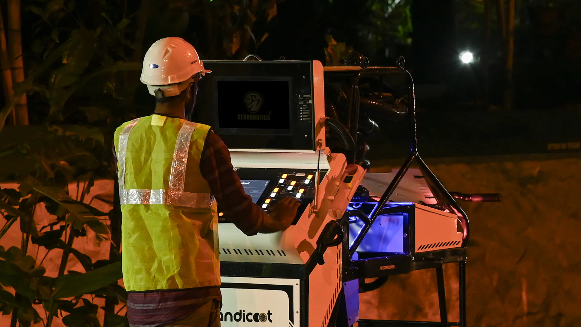 Robot entering a confined sewer while a worker operates it safely from above