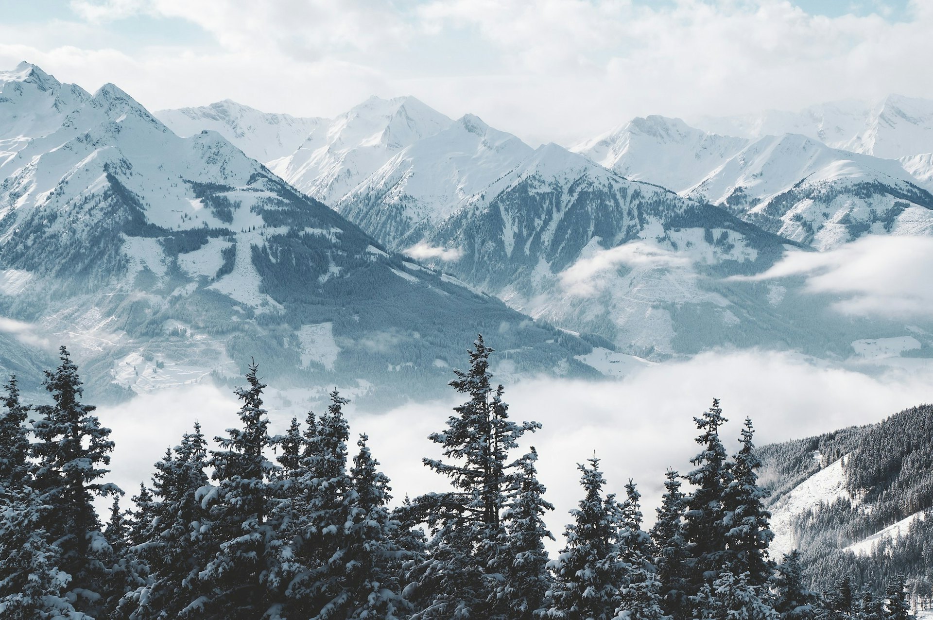 The snowy peaks at Whistler Blackcomb in British Columbia, Canada.
