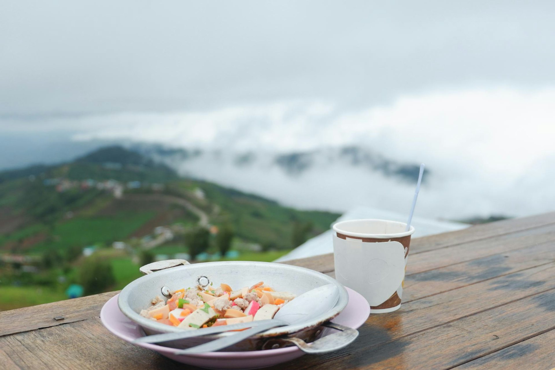 Food on table against mountains