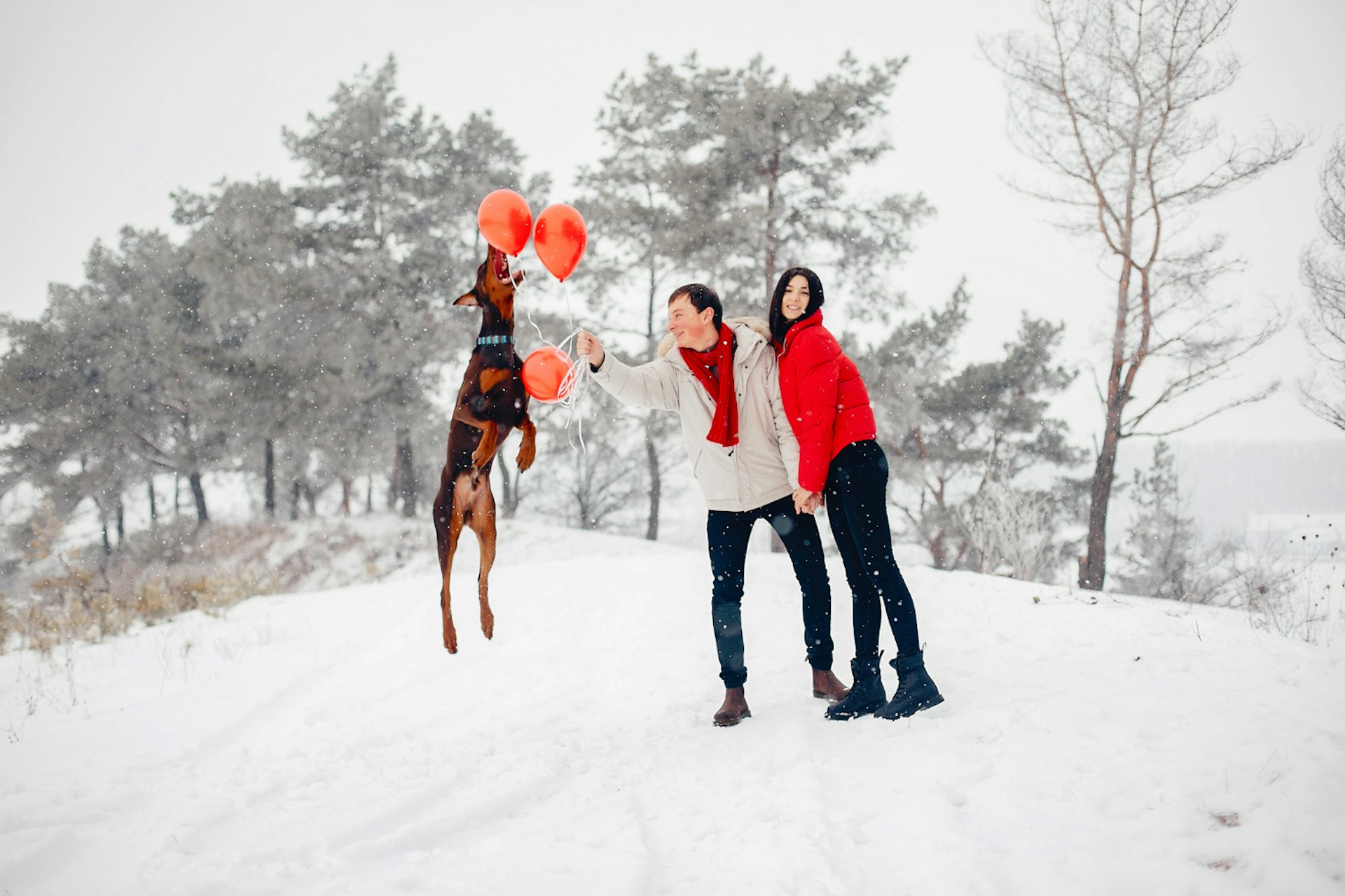Loving couple walking in a winter park