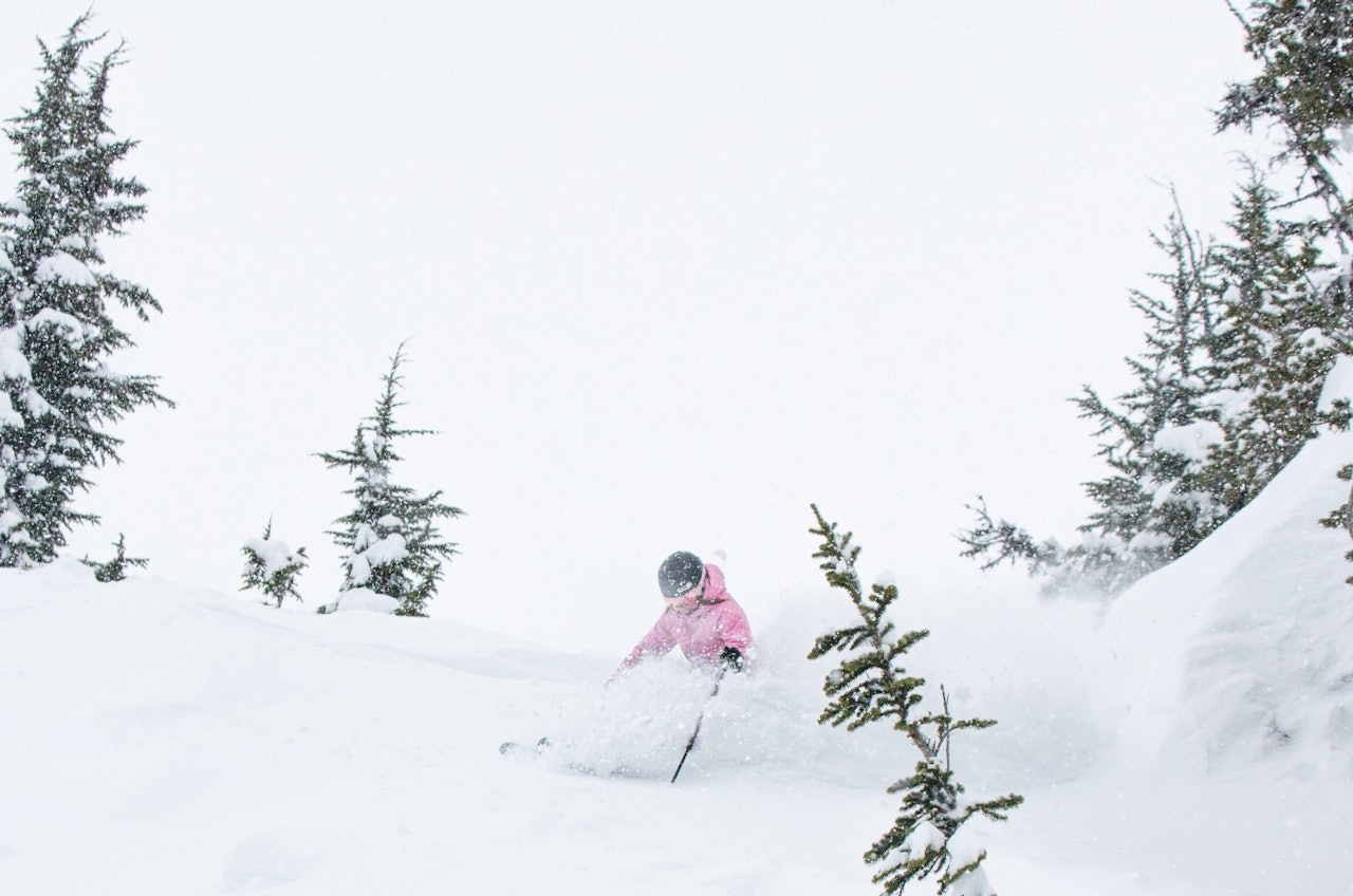 Chelsea Sullivan in baby pink ski attire skiing powder near Crystal Chair, Blackcomb Mountain at Whistler Blackcomb in British Columbia, Canada.