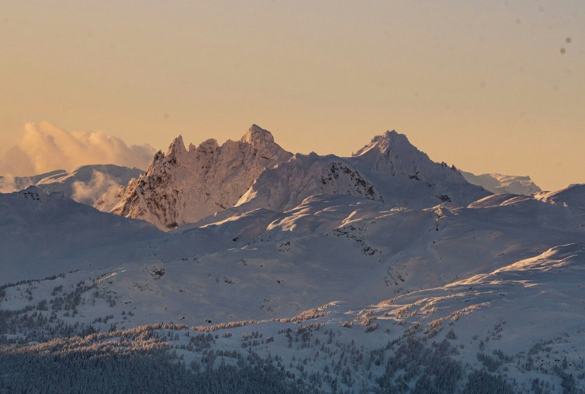 Twilight over the peaks at Whistler Blackcomb in British Columbia, Canada.