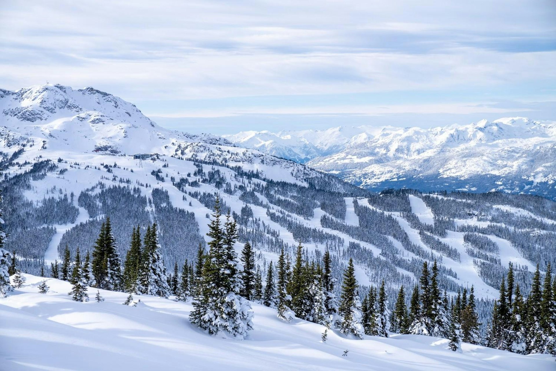 The snowy slopes on an afternoon at Whistler Blackcomb in British Columbia, Canada.