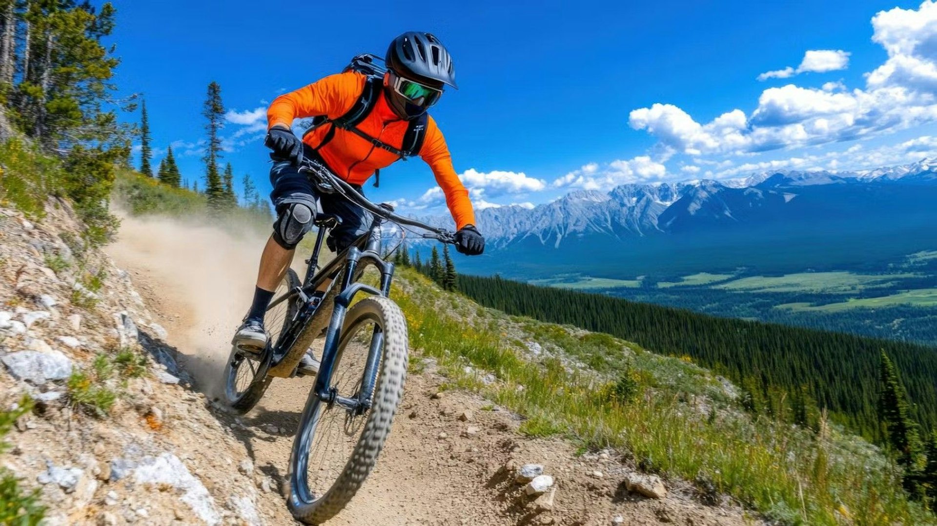 A mountain biker navigating a rugged trail surrounded by majestic mountains under a clear blue sky.