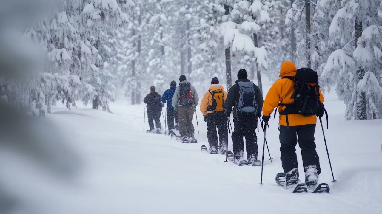 Several individuals navigate a snowy forest on skis, enjoying the tranquility of the woods during winter.