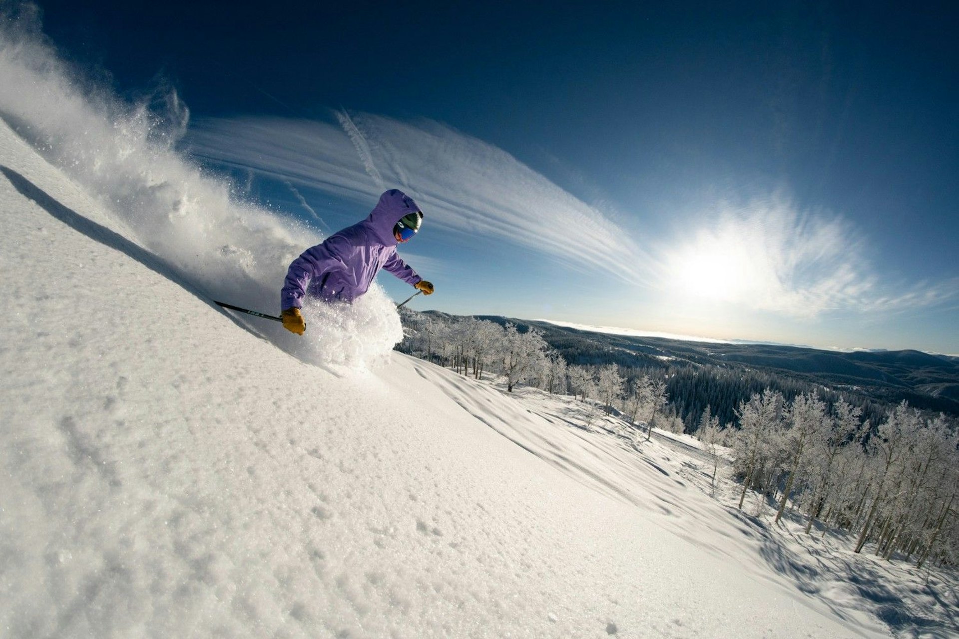 A skier gracefully descends a snow-covered slope, surrounded by a winter landscape.