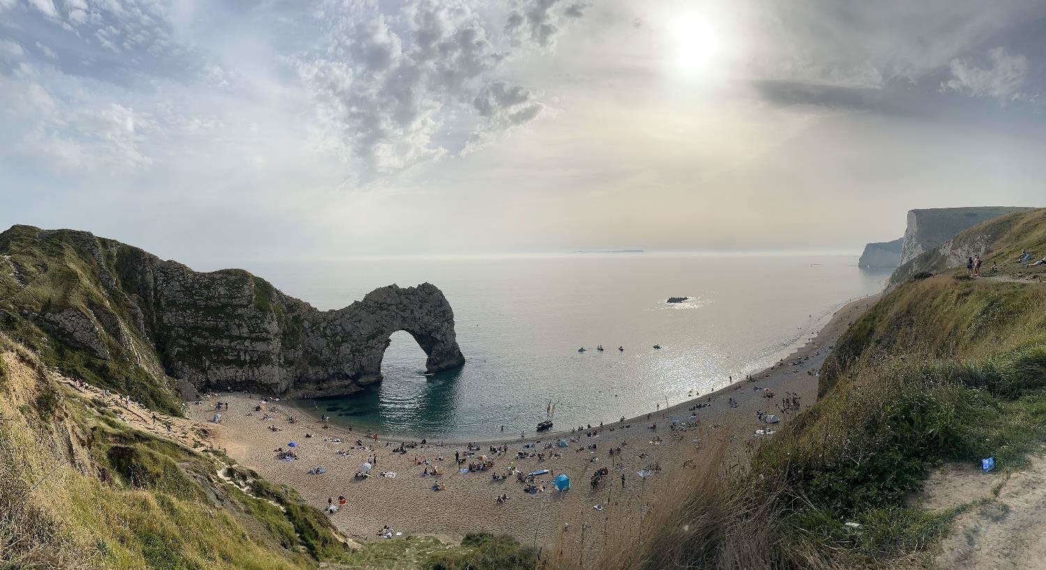 A panoramic photo of Durdle Door, Jurassic Coast, in Dorset