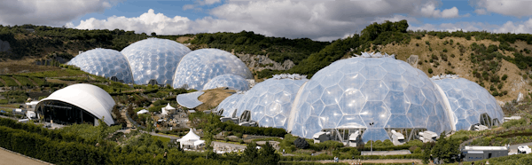 Panoramic view of the geodesic biome domes at the Eden Project