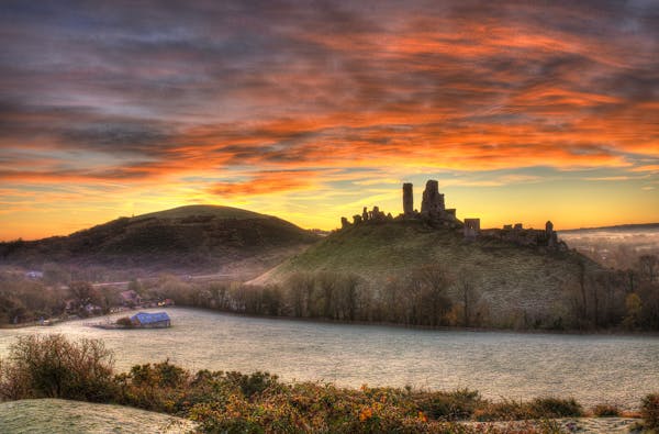 Corfe Castle at sunset