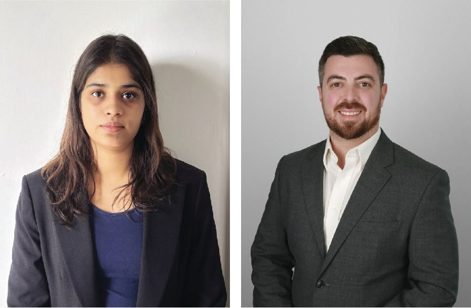 **Lalitha Paturi** (left), a master's student in petroleum engineering at the University of Houston, and **Sam Klarin**, who earned his master's degree in energy and earth resources from the University of Texas at Austin, interned at Houston-based Sage Geosystems.