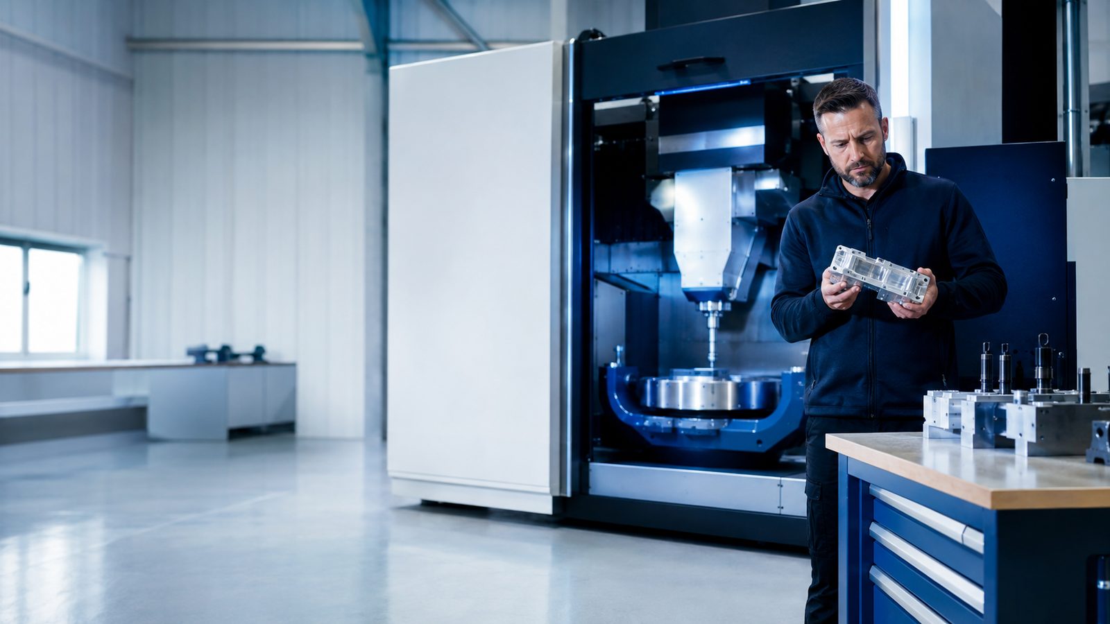 CNC machinist inspecting a precision-machined part on the shop floor