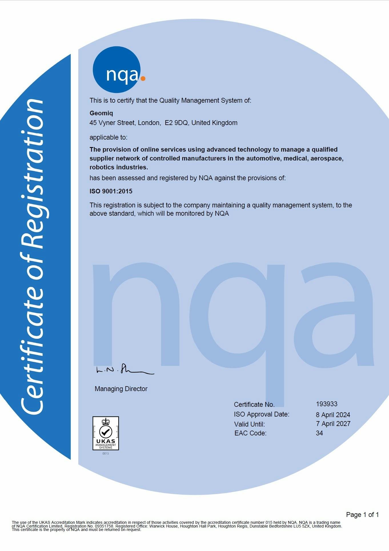 Geomiq ISO 9001:2015 Certificate