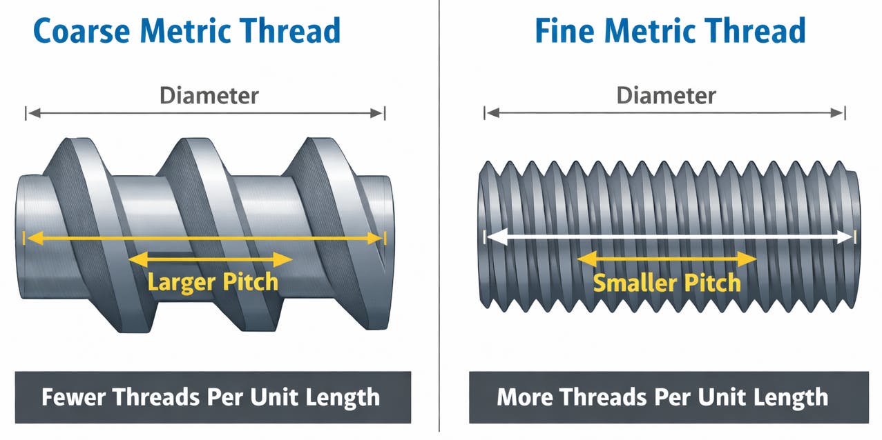 Diagram comparing coarse and fine metric threads, showing that fine threads have a smaller pitch and higher thread density.