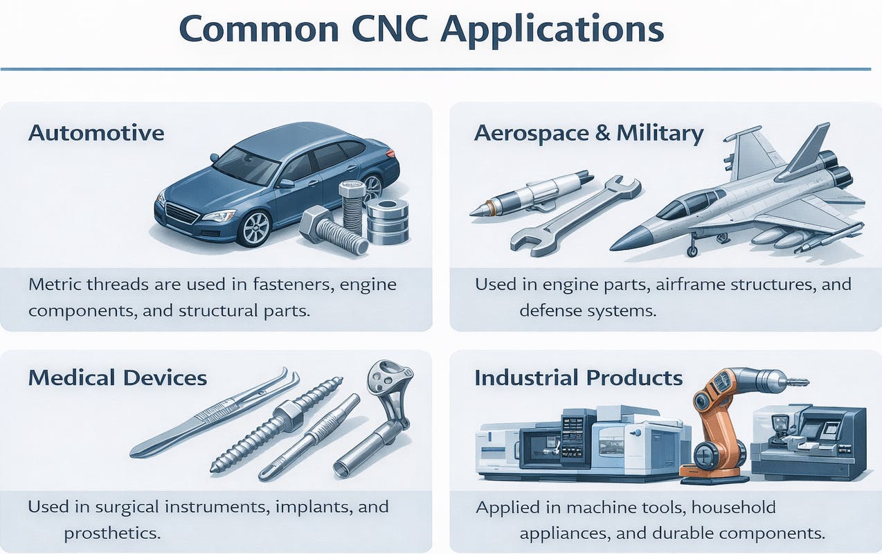 Infographic showing common CNC thread applications in Automotive, Aerospace & Military, Medical Devices and Industrial Products.